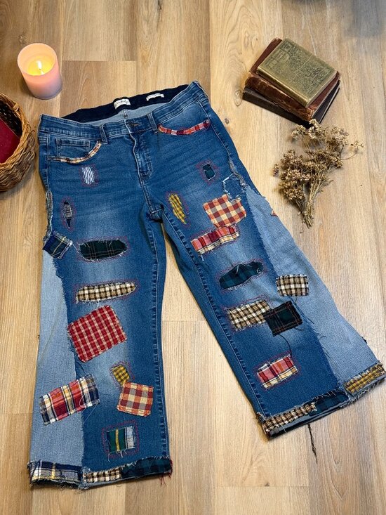 Handmade Denim - Upcycled Patchwork Jeans | Wide Leg Patched Denim | Visible Mending Art
